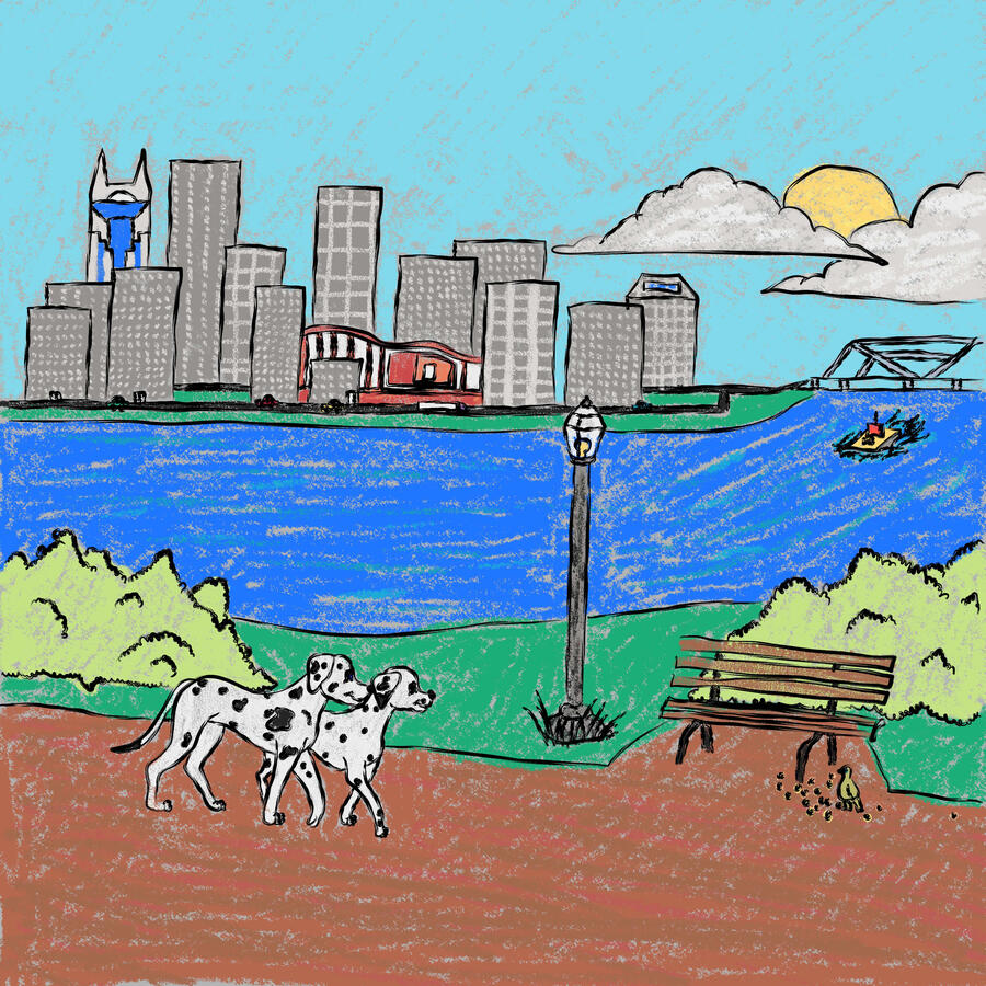 Dalmatian mom and dad walking in the city